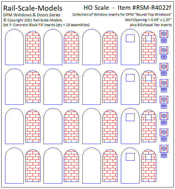 HO Scale Window Inserts for DPM Round~Top Windows ~ Concrete Block Fill